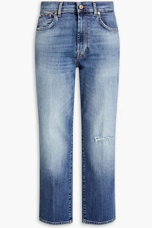 7 for all Mankind Modern cropped distressed high-rise straight-leg jeans - Blue