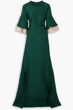 Reem Acra Button-embellished ruffled satin-piqué gown - Green