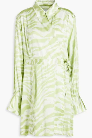 Ganni Tiger-print silk-blend satin mini wrap dress - Green