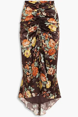 VERONICA BEARD Pixie ruched floral-print stretch-silk satin midi skirt - Brown