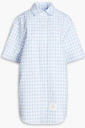 Thom Browne Appliquéd gingham cotton-blend mini shirt dress - Blue