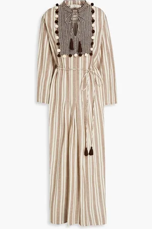 Tory Burch Pompom-embellished striped cotton and linen-blend kaftan - Neutral