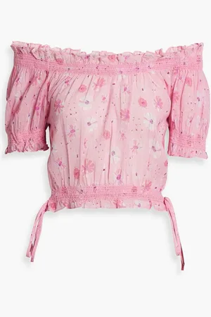 LOVESHACKFANCY Rosalinda off-the-shoulder cropped floral-print cotton-gauze top