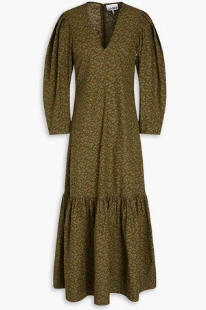 Ganni Floral-print cotton-poplin midi dress - Green