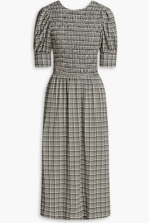 Ganni Shirred checked seersucker midi dress
