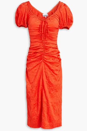 Ganni Ruched stretch-satin midi dress - Red