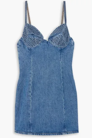 AREA Crystal-embellished polka-dot denim mini dress - Blue