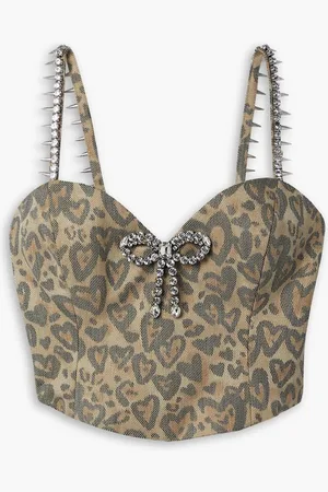 AREA Cropped embellished leopard-print denim bustier top