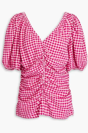 Ganni Ruched gingham seersucker top - Pink