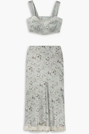 Reformation Beatrice lace-trimmed floral-print silk-charmeuse top and midi skirt set - Green
