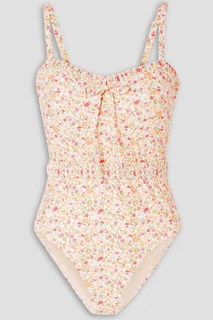 Peony Vacation ruched floral-print stretch-ECONYL swimsuit - White