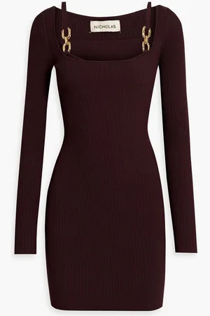 Nicholas Layered chain-embellished ribbed-knit mini dress - Burgundy