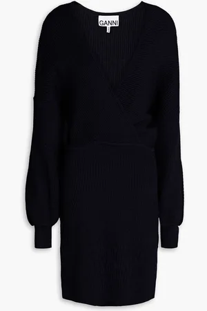 Ganni Wrap-effect ribbed-knit mini dress - Blue