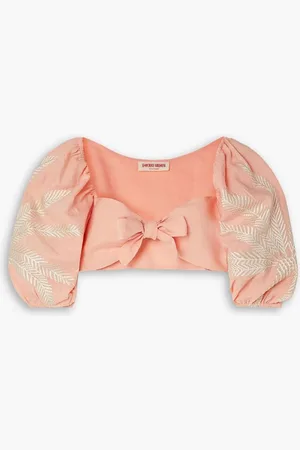 EMPORIO Thaia cropped bow-detailed embroidered linen top - Pink