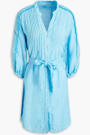 120% Lino Belted pintucked linen mini shirt dress - Blue
