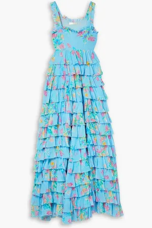 LOVESHACKFANCY Idra tiered floral-print voile maxi dress - Blue