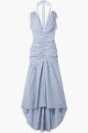 VERONICA BEARD Perrin ruched striped cotton-blend cloqué maxi dress