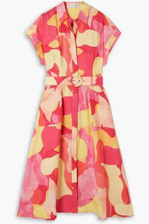 Rebecca Vallance Toretta belted printed linen-blend midi shirt dress - Orange
