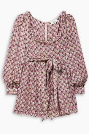 Etro Belted ruffled floral-print metallic silk crepe de chine mini dress