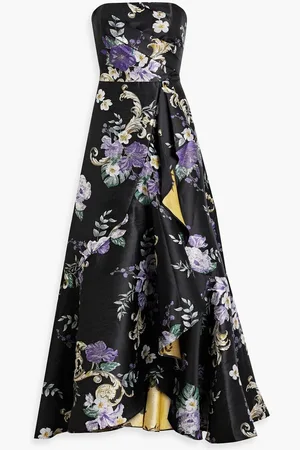 Marchesa Notte Strapless metallic floral-jacquard gown