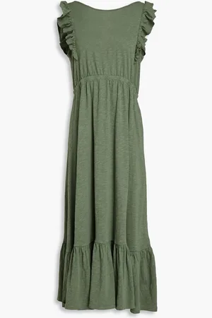 Bash Open-back ruffle-trimmed slub cotton-jersey midi dress - Green