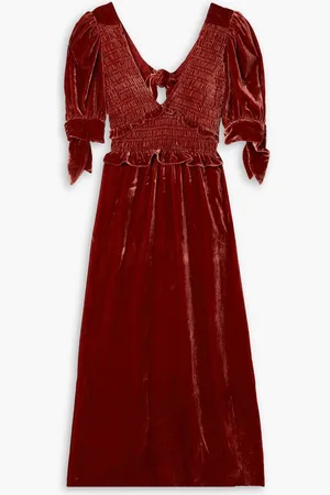SEA Mayde open-back smocked velvet midi dress - Red