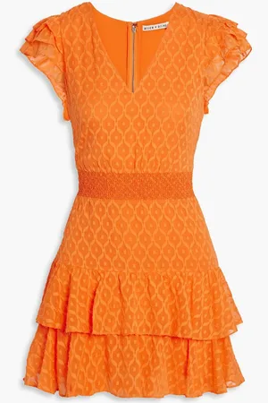 ALICE+OLIVIA Alice Olivia - Markita smocked fil coupé silk and cotton-blend mini dress - Orange