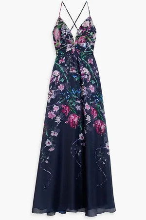 Marchesa Notte Embroidered tulle and charmeuse gown - Blue