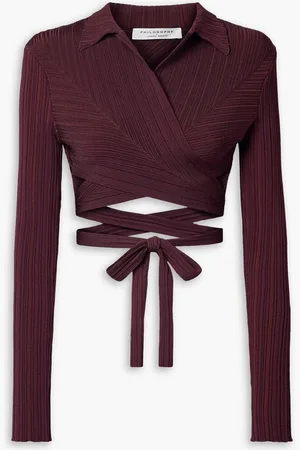 Serafini Cropped ribbed-knit wrap top - Purple