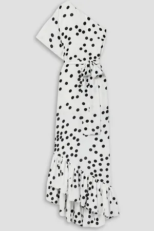 MONIQUE LHUILLIER One-shoulder belted ruffled polka-dot crepe gown