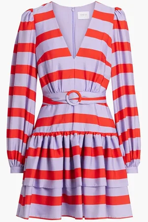 ONE33 SOCIAL Gathered striped crepe de chine mini dress - Purple