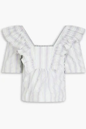 Ganni Ruffled striped cotton-blend seersucker top - Green