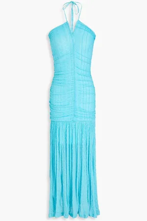 Ganni Ruched textured-knit halterneck maxi dress - Blue