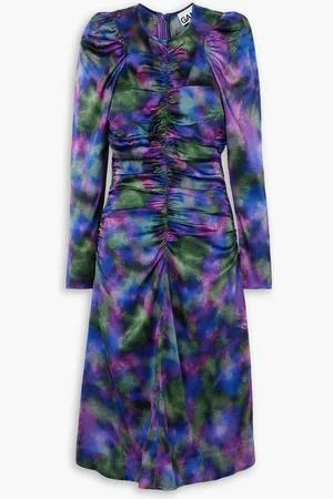 Ganni Ruched printed stretch-silk satin midi dress - Purple
