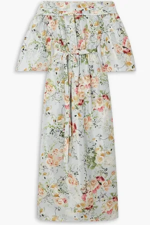 ADAM LIPPES Bardot off-the-shoulder belted floral-print silk maxi dress - Blue