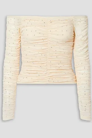 Caroline Constas Velma off-the-shoulder crystal-embellished ruched stretch-mesh top - White