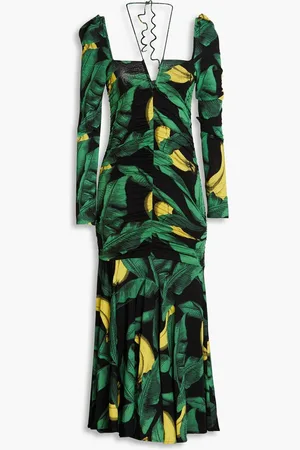 Ganni Ruched printed stretch-jersey midi dress