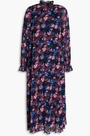 Ganni Ruffled floral-print plissé-georgette midi dress - Blue