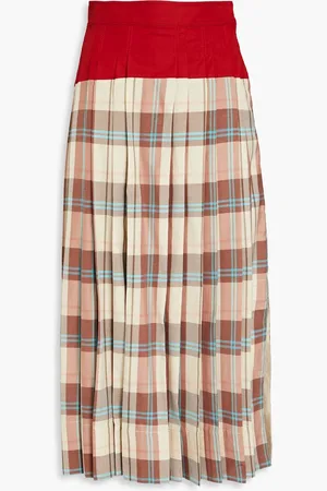 Tory Burch Checked-paneled silk and cotton-blend midi skirt - Neutral