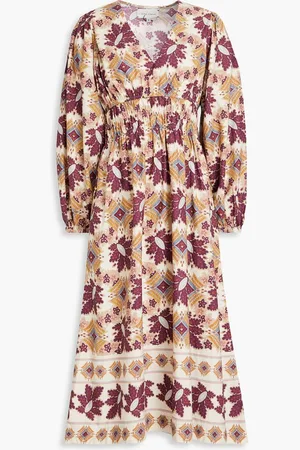 Cara Cara Gathered printed cotton-poplin midi dress - Purple