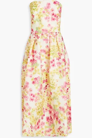 MONIQUE LHUILLIER Strapless pleated floral-print crepe dress - White