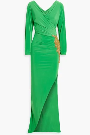 RHEA COSTA Wrap-effect embellished satin-jersey gown