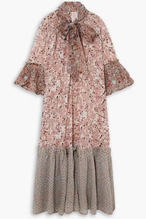 YVONNE S Angelica pussy-bow tiered printed cotton-voile maxi dress - Brown