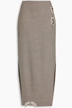 AREA Crystal-embellished cutout houndstooth wool midi skirt