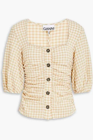 Ganni Ruched gingham seersucker top - Neutral