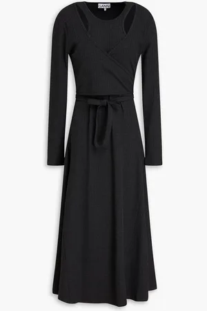 Ganni Cutout wrap-effect ribbed-knit midi dress - Gray