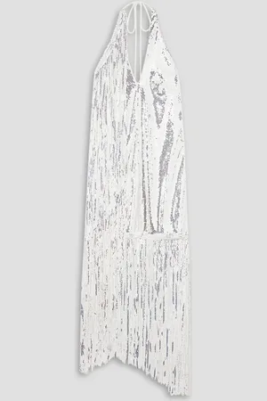 ROTATE Noor fringed sequined crepe halterneck mini dress - White