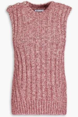 Ganni Crystal-embellished metallic ribbed-knit vest - Pink