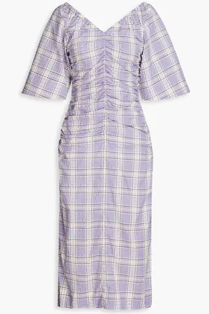 Ganni Ruched checked cotton-blend seersucker midi dress - Purple