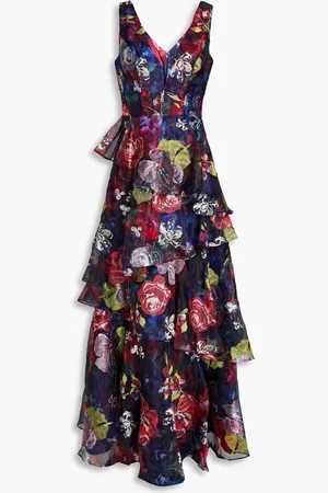 Marchesa Notte Tiered embroidered floral-print organza gown - Blue